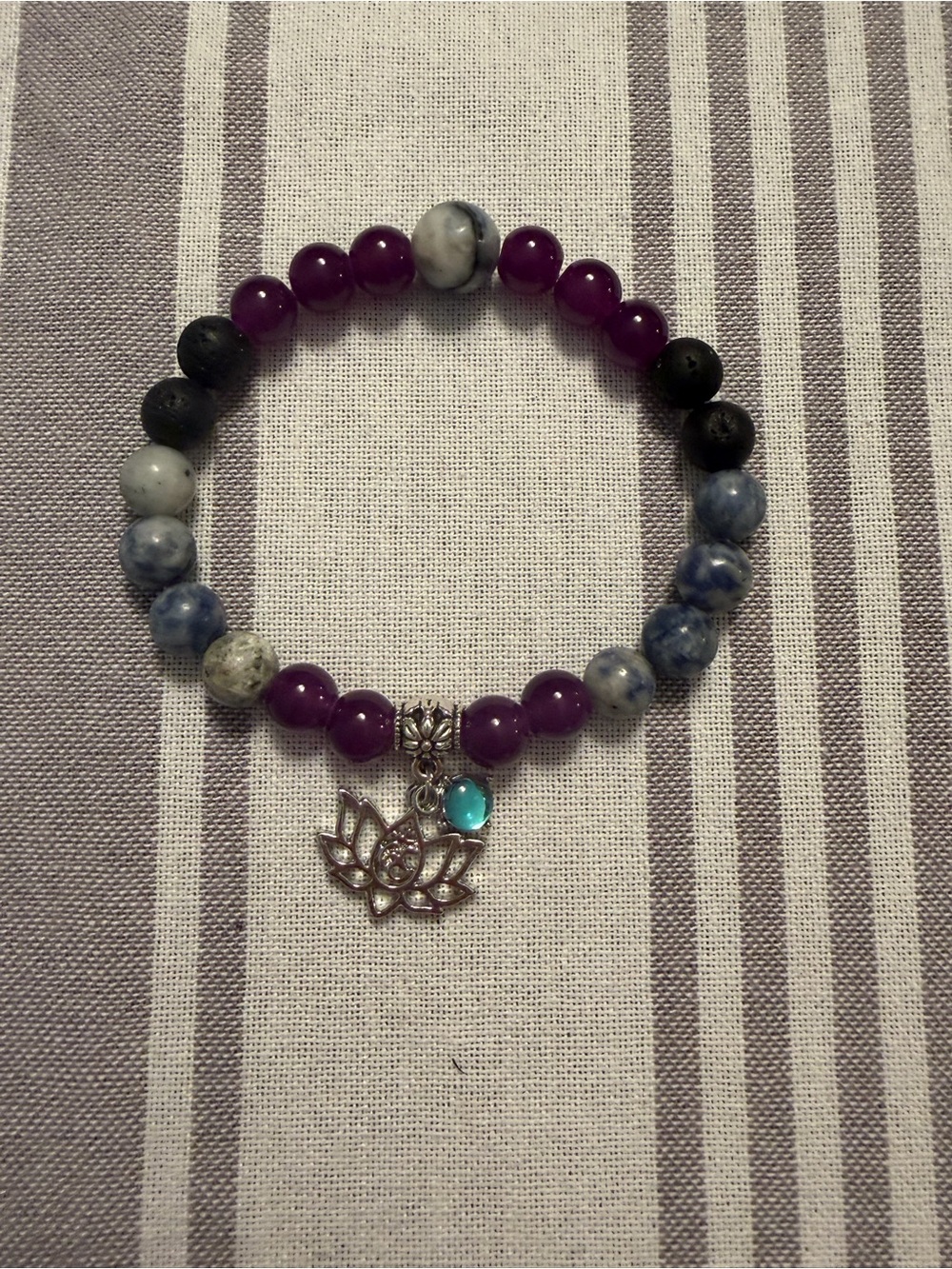 Purple Agate & Blue Stone Lotus Charm Beaded Bracelet